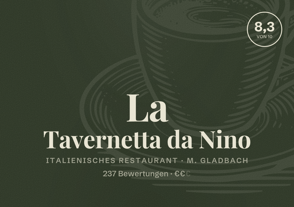 Illustriertes Poster von La Tavernetta da Nino, Italienisches Restaurant in M. Gladbach: Bewertung 8,3 von 10 aus 237 Bewertungen, Preisniveau €€