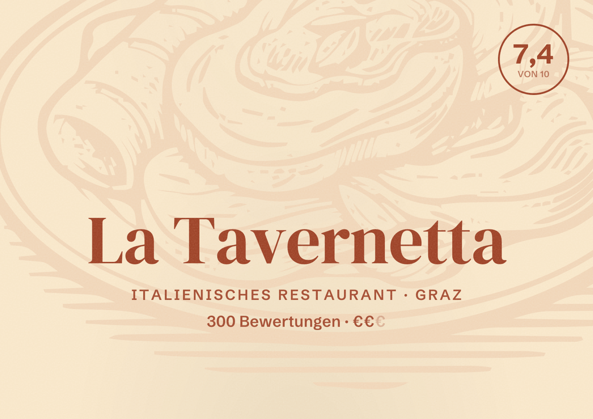 Illustriertes Poster von La Tavernetta, Italienisches Restaurant in Graz: Bewertung 7,4 von 10 aus 300 Bewertungen, Preisniveau €€