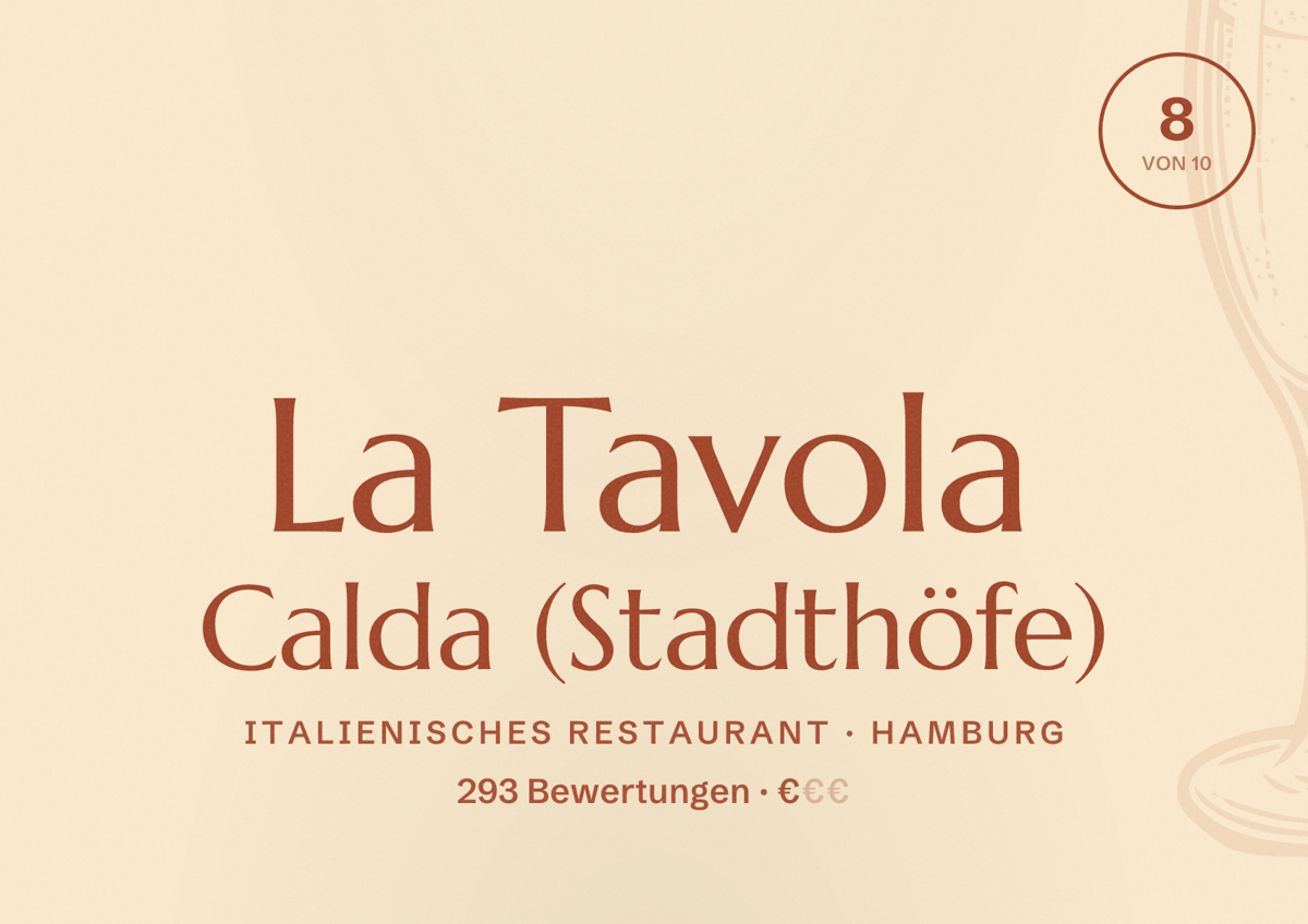 Illustriertes Poster von La Tavola Calda (Stadthöfe), Italienisches Restaurant in Hamburg: Bewertung 8,0 von 10 aus 293 Bewertungen, Preisniveau €