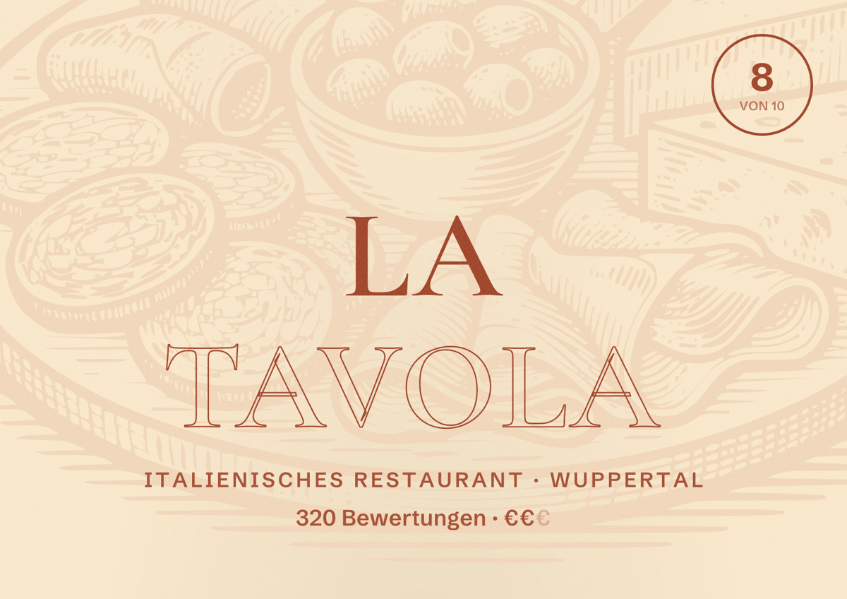 Illustriertes Poster von La Tavola, Italienisches Restaurant in Wuppertal: Bewertung 8 von 10 aus 320 Bewertungen, Preisniveau €€