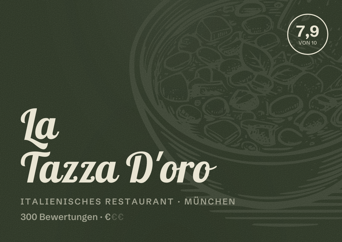 Illustriertes Poster von La Tazza D'oro, Italienisches Restaurant in München: Bewertung 7,9 von 10 aus 300 Bewertungen, Preisniveau €