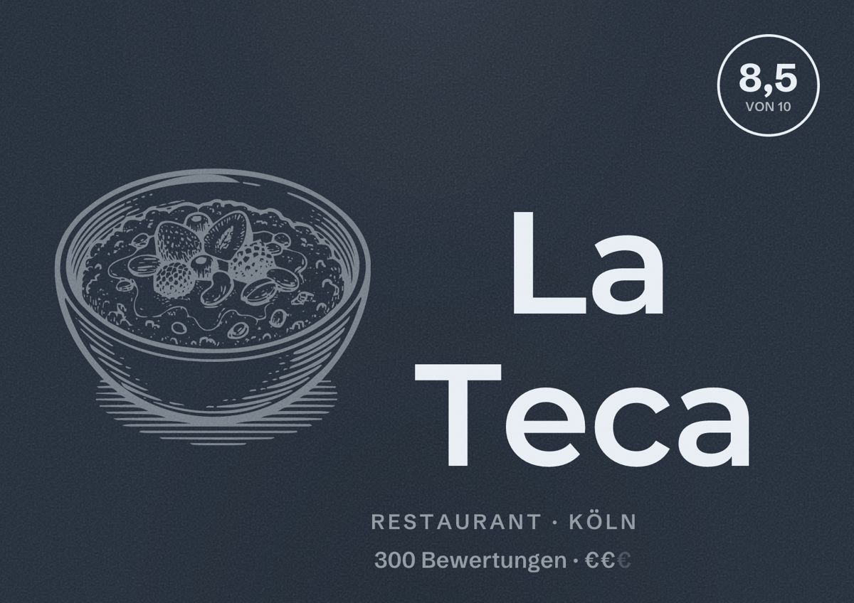 Illustriertes Poster von La Teca, Restaurant in Köln: Bewertung 8,5 von 10 aus 300 Bewertungen, Preisniveau €€