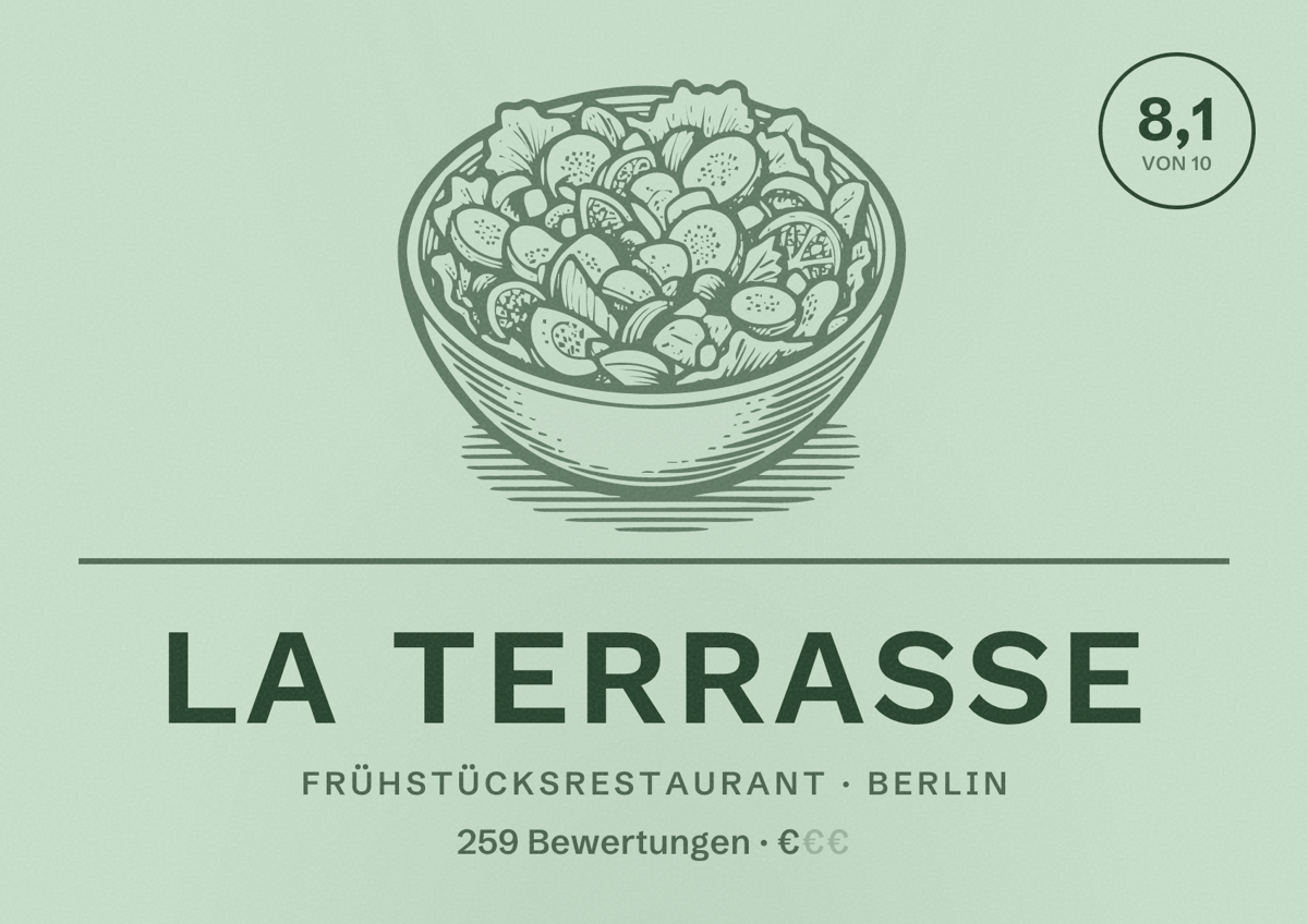 Illustriertes Poster von La Terrasse, Frühstücksrestaurant in Berlin: Bewertung 8,1 von 10 aus 259 Bewertungen, Preisniveau €