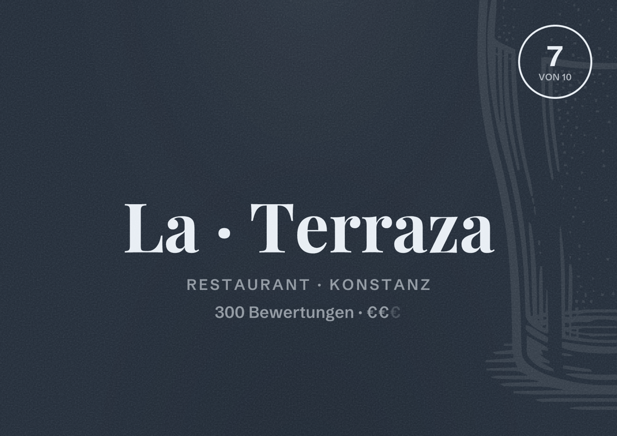 Illustriertes Poster von La Terraza, Restaurant in Konstanz: Bewertung 7 von 10 aus 300 Bewertungen, Preisniveau €€
