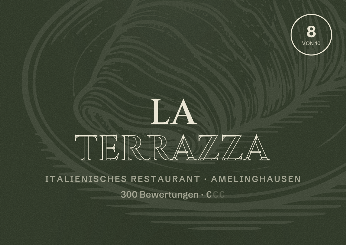 Illustriertes Poster von La Terrazza, Italienisches Restaurant in Amelinghausen: Bewertung 8 von 10 aus 300 Bewertungen, Preisniveau €