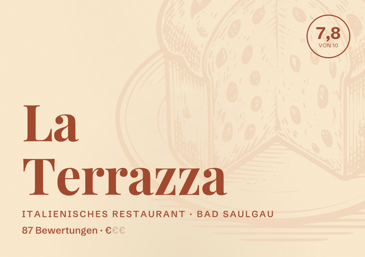 Illustriertes Poster von La Terrazza, Italienisches Restaurant in Bad Saulgau: Bewertung 7,8 von 10 aus 87 Bewertungen, Preisniveau €