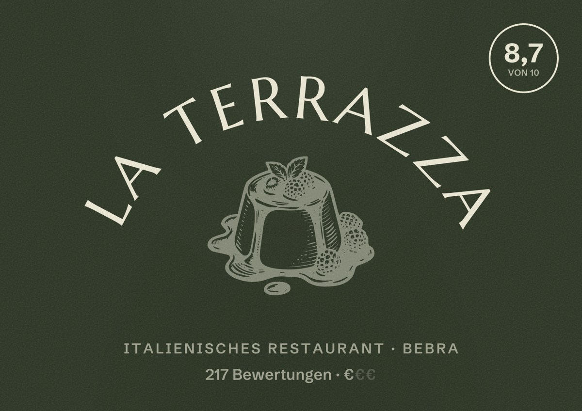 Illustriertes Poster von La Terrazza, Italienisches Restaurant in Bebra: Bewertung 8,7 von 10 aus 217 Bewertungen, Preisniveau €