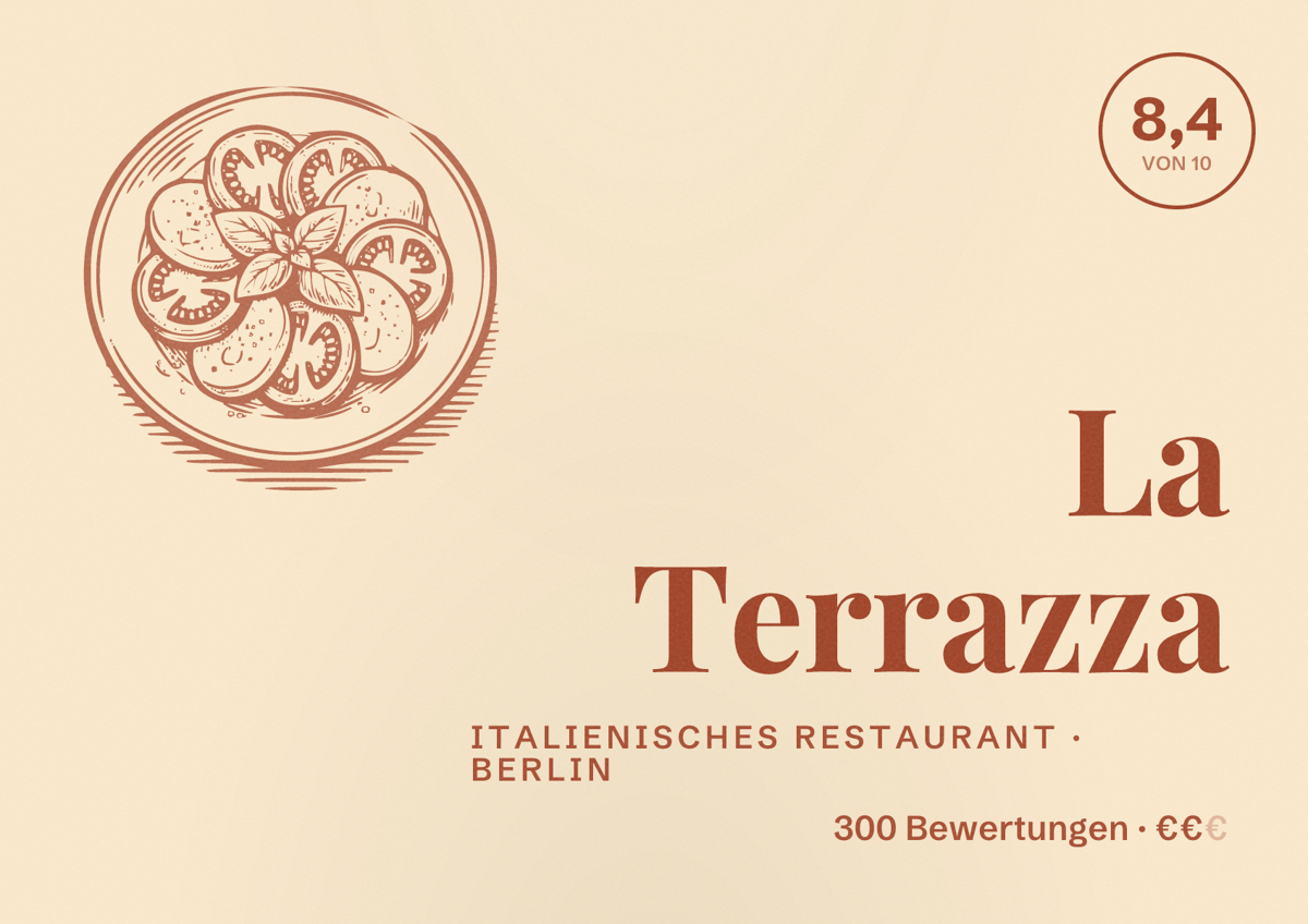Illustriertes Poster von La Terrazza, Italienisches Restaurant in Berlin: Bewertung 8,4 von 10 aus 300 Bewertungen, Preisniveau €€