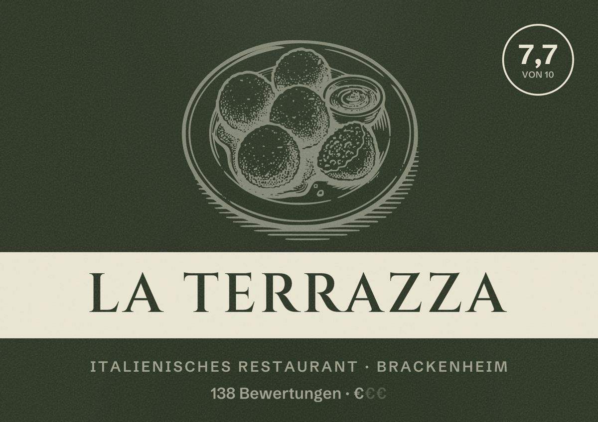 Illustriertes Poster von La Terrazza, Italienisches Restaurant in Brackenheim: Bewertung 7,7 von 10 aus 138 Bewertungen, Preisniveau €