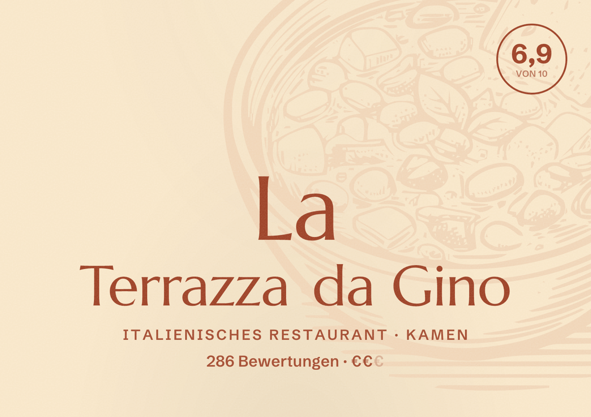 Illustriertes Poster von La Terrazza da Gino, Italienisches Restaurant in Kamen: Bewertung 6,9 von 10 aus 286 Bewertungen, Preisniveau €€