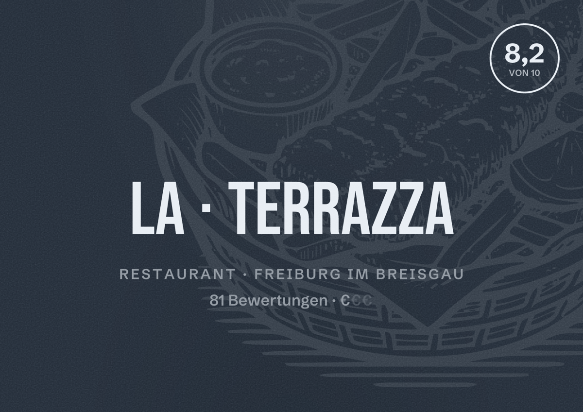 Illustriertes Poster von La Terrazza, Restaurant in Freiburg im Breisgau: Bewertung 8,2 von 10 aus 81 Bewertungen, Preisniveau €