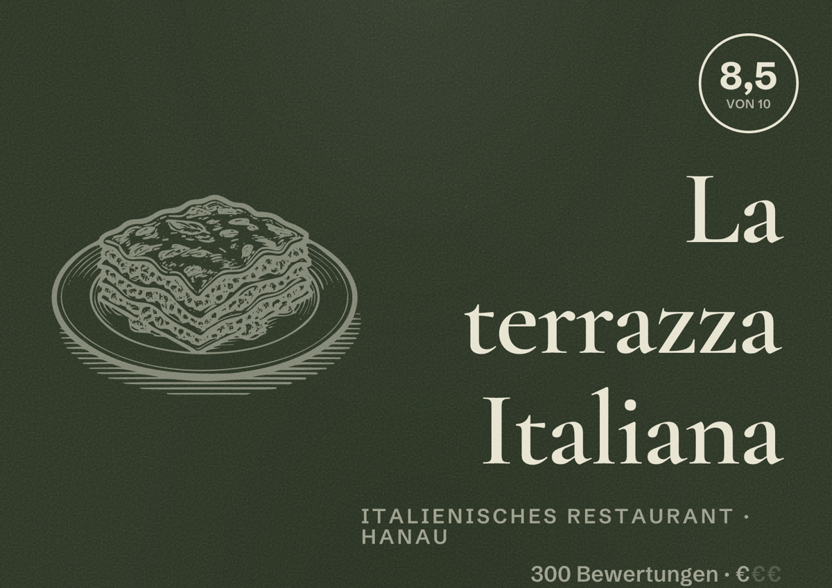 Illustriertes Poster von La terrazza Italiana, Italienisches Restaurant in Hanau: Bewertung 8,5 von 10 aus 300 Bewertungen, Preisniveau €