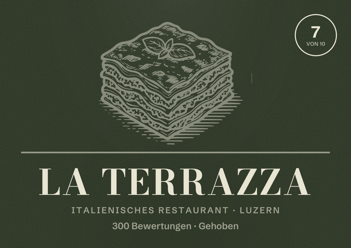 Illustriertes Poster von La Terrazza, Italienisches Restaurant in Luzern: Bewertung 7 von 10 aus 300 Bewertungen, Preisniveau Gehoben
