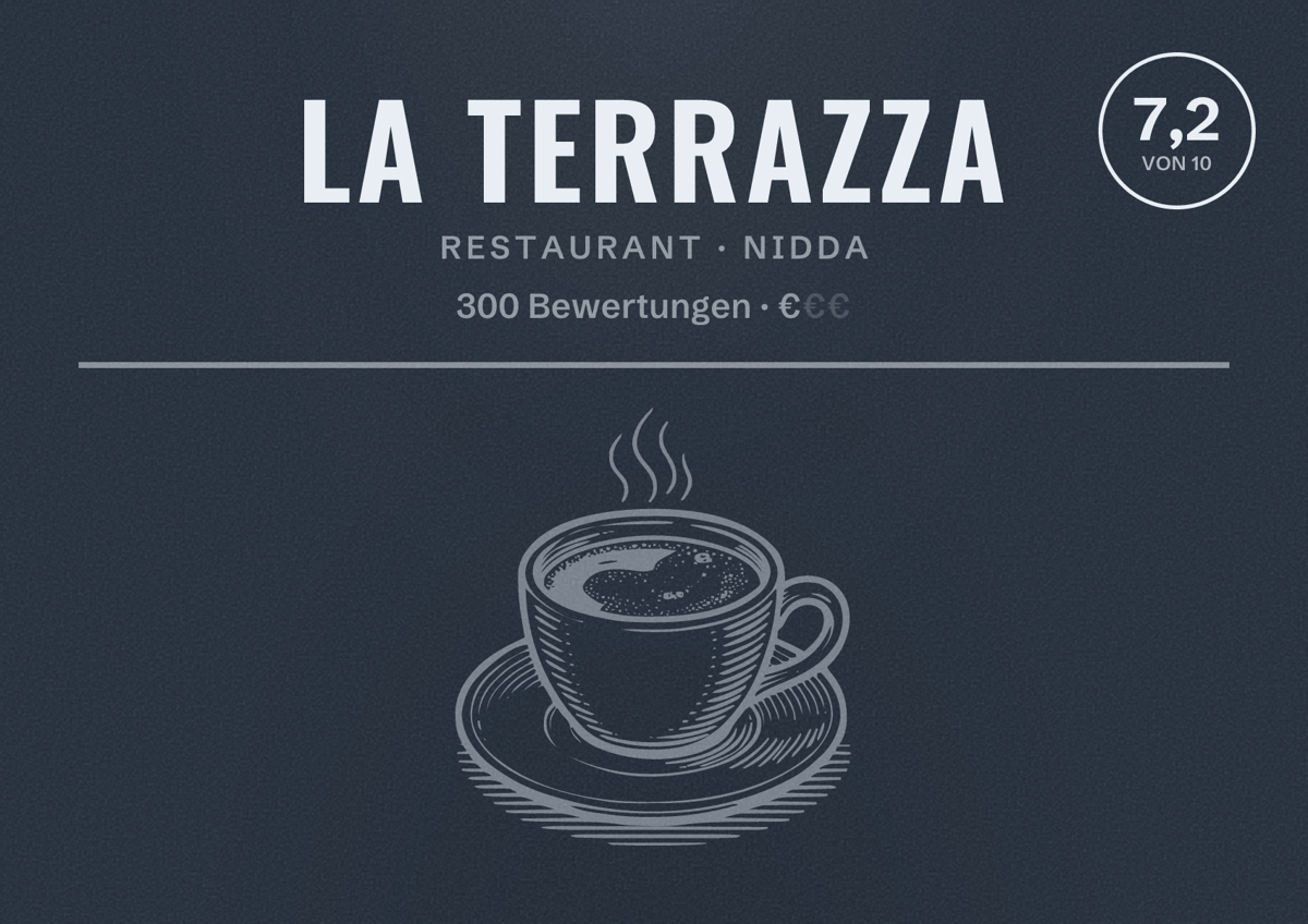 Illustriertes Poster von La Terrazza, Restaurant in Nidda: Bewertung 7,2 von 10 aus 300 Bewertungen, Preisniveau €