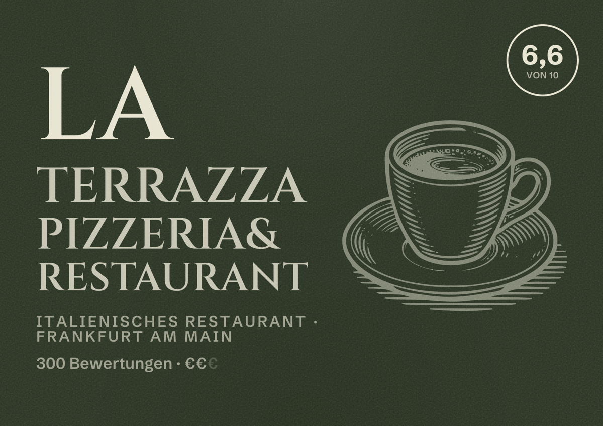 Illustriertes Poster von La Terrazza Pizzeria& Restaurant, Italienisches Restaurant in Frankfurt am Main: Bewertung 6,6 von 10 aus 300 Bewertungen, Preisniveau €€