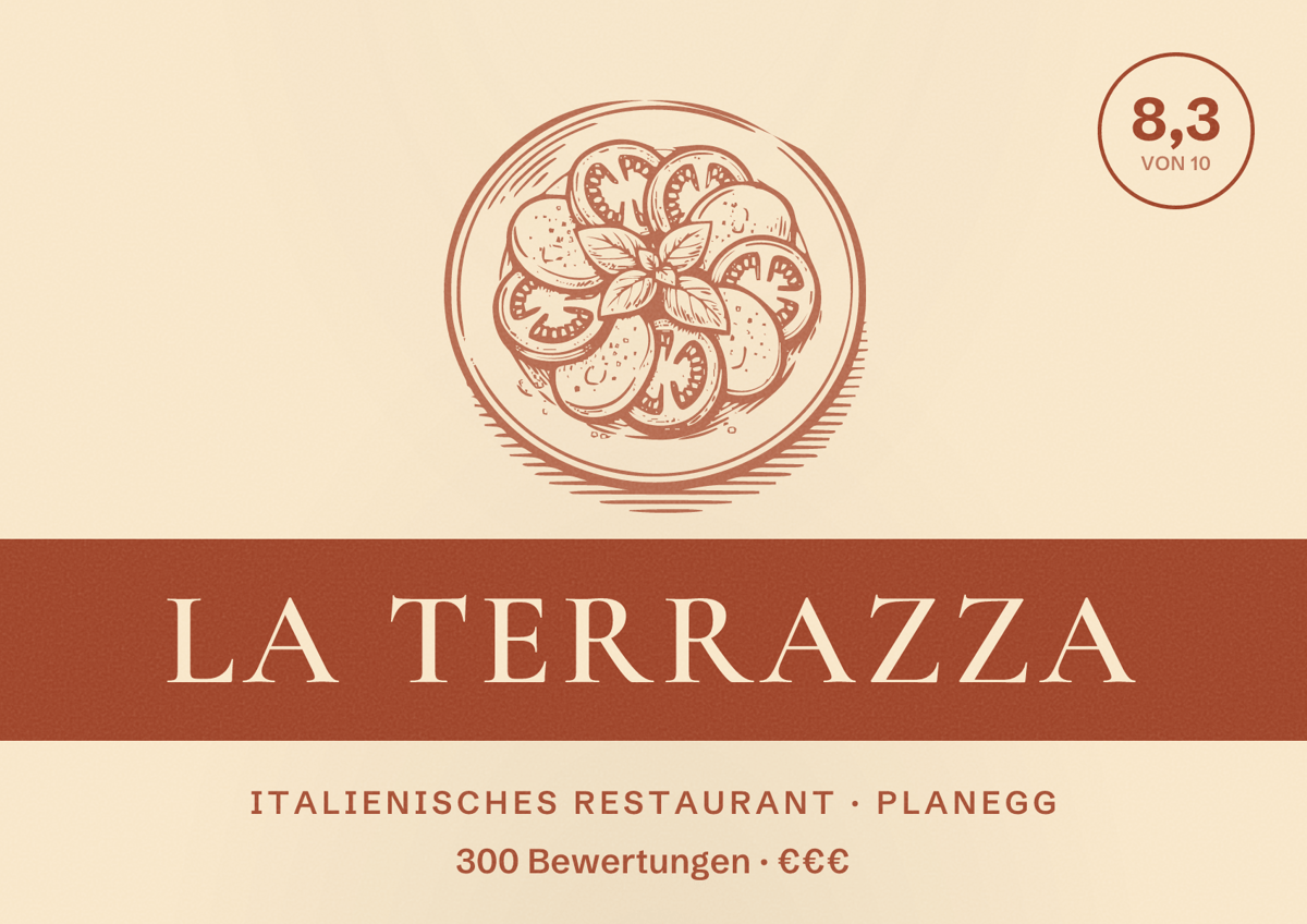 Illustriertes Poster von La Terrazza, Italienisches Restaurant in Planegg: Bewertung 8,3 von 10 aus 300 Bewertungen, Preisniveau €€€