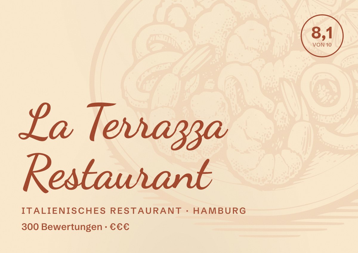 Illustriertes Poster von La Terrazza Restaurant, Italienisches Restaurant in Hamburg: Bewertung 8,1 von 10 aus 300 Bewertungen, Preisniveau €€€