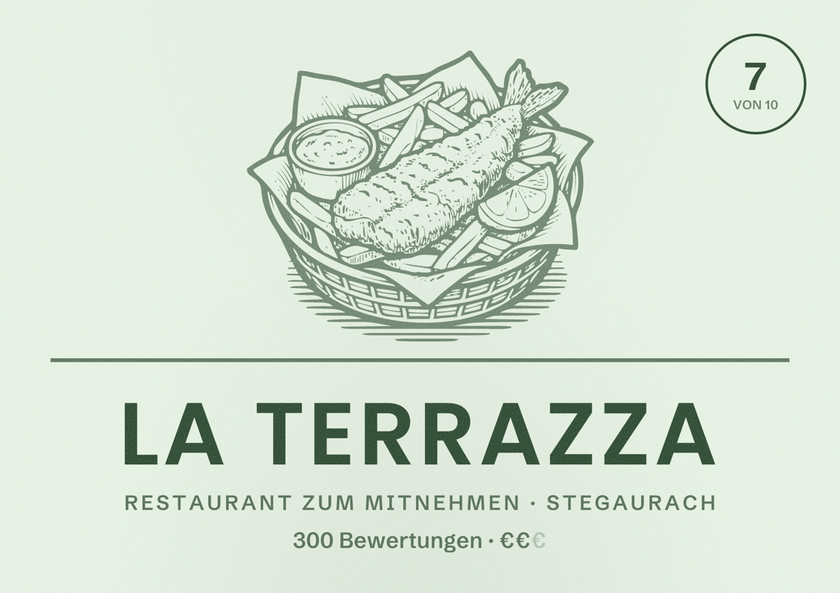 Illustriertes Poster von La Terrazza, Restaurant zum Mitnehmen in Stegaurach: Bewertung 7 von 10 aus 300 Bewertungen, Preisniveau €€