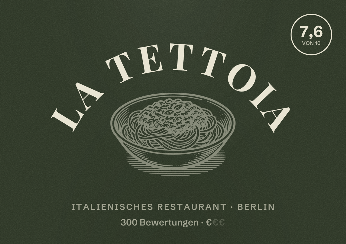 Illustriertes Poster von La Tettoia, Italienisches Restaurant in Berlin: Bewertung 7,6 von 10 aus 300 Bewertungen, Preisniveau €