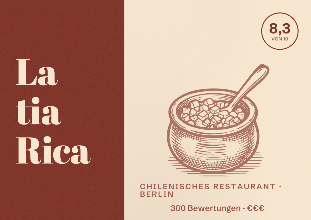 Illustriertes Poster von La tia Rica, Chilenisches Restaurant in Berlin: Bewertung 8,3 von 10 aus 300 Bewertungen, Preisniveau €€€