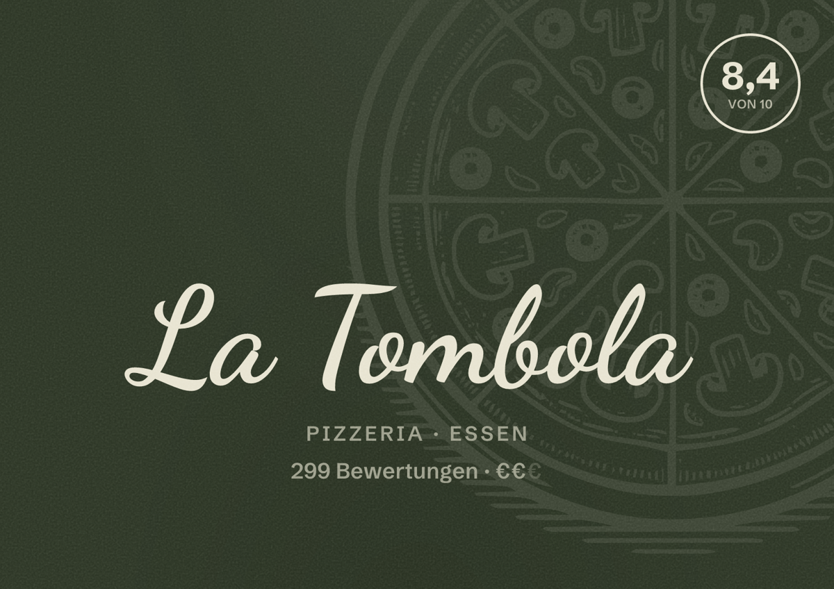 Illustriertes Poster von La Tombola, Pizzeria in Essen: Bewertung 8,4 von 10 aus 299 Bewertungen, Preisniveau €€