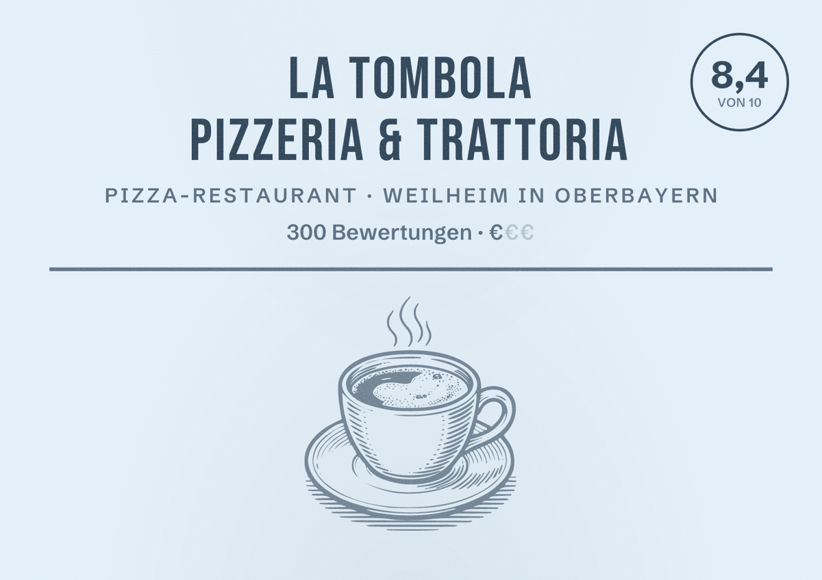 Illustriertes Poster von La Tombola Pizzeria & Trattoria, Pizza-Restaurant in Weilheim in Oberbayern: Bewertung 8,4 von 10 aus 300 Bewertungen, Preisniveau €