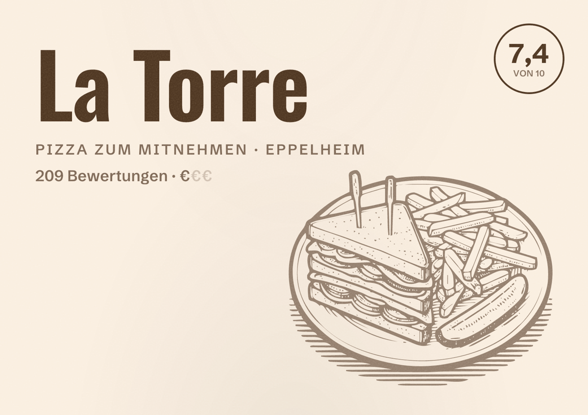 Illustriertes Poster von La Torre, Pizza zum Mitnehmen in Eppelheim: Bewertung 7,4 von 10 aus 209 Bewertungen, Preisniveau €