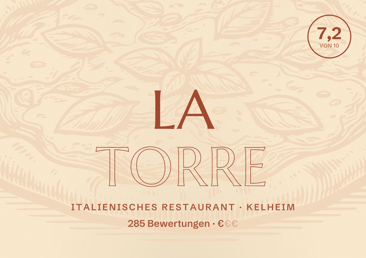 Illustriertes Poster von La Torre, Italienisches Restaurant in Kelheim: Bewertung 7,2 von 10 aus 285 Bewertungen, Preisniveau €