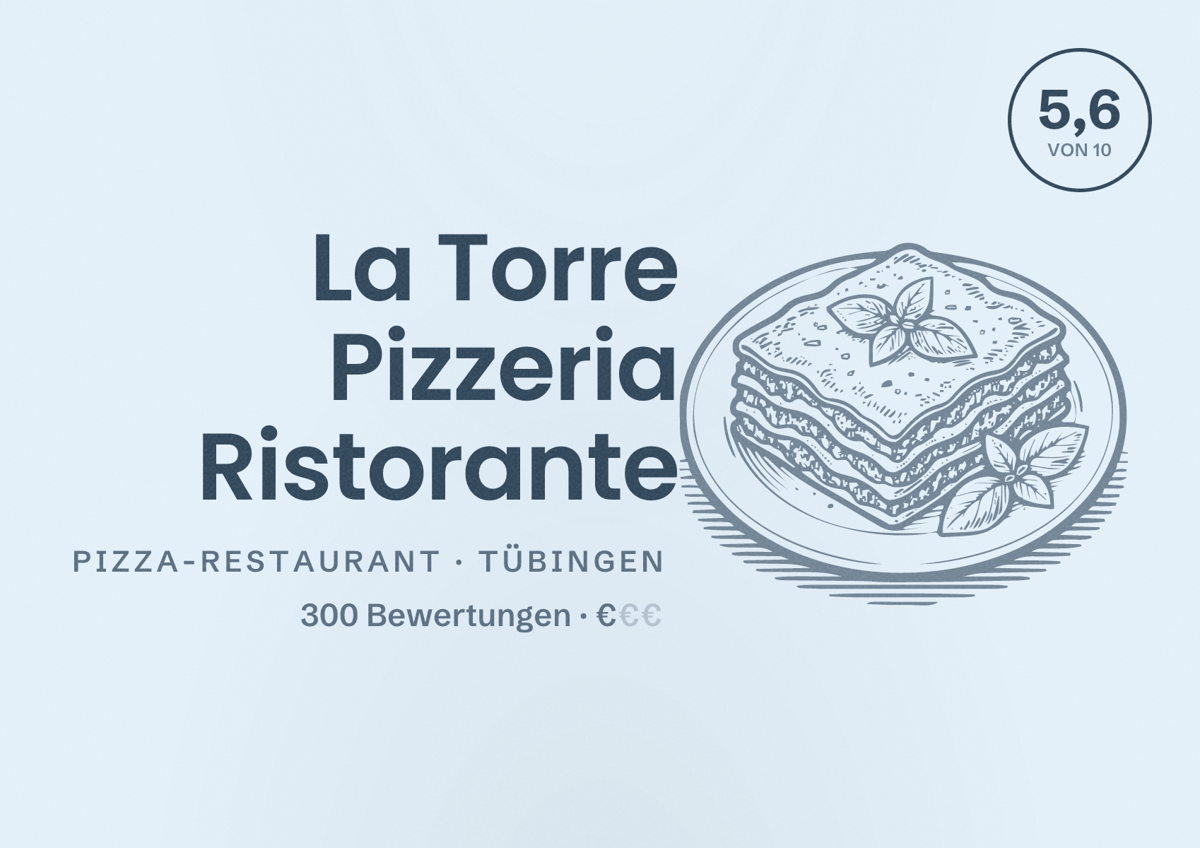 Illustriertes Poster von La Torre Pizzeria Ristorante, Pizza-Restaurant in Tübingen: Bewertung 5,6 von 10 aus 300 Bewertungen, Preisniveau €