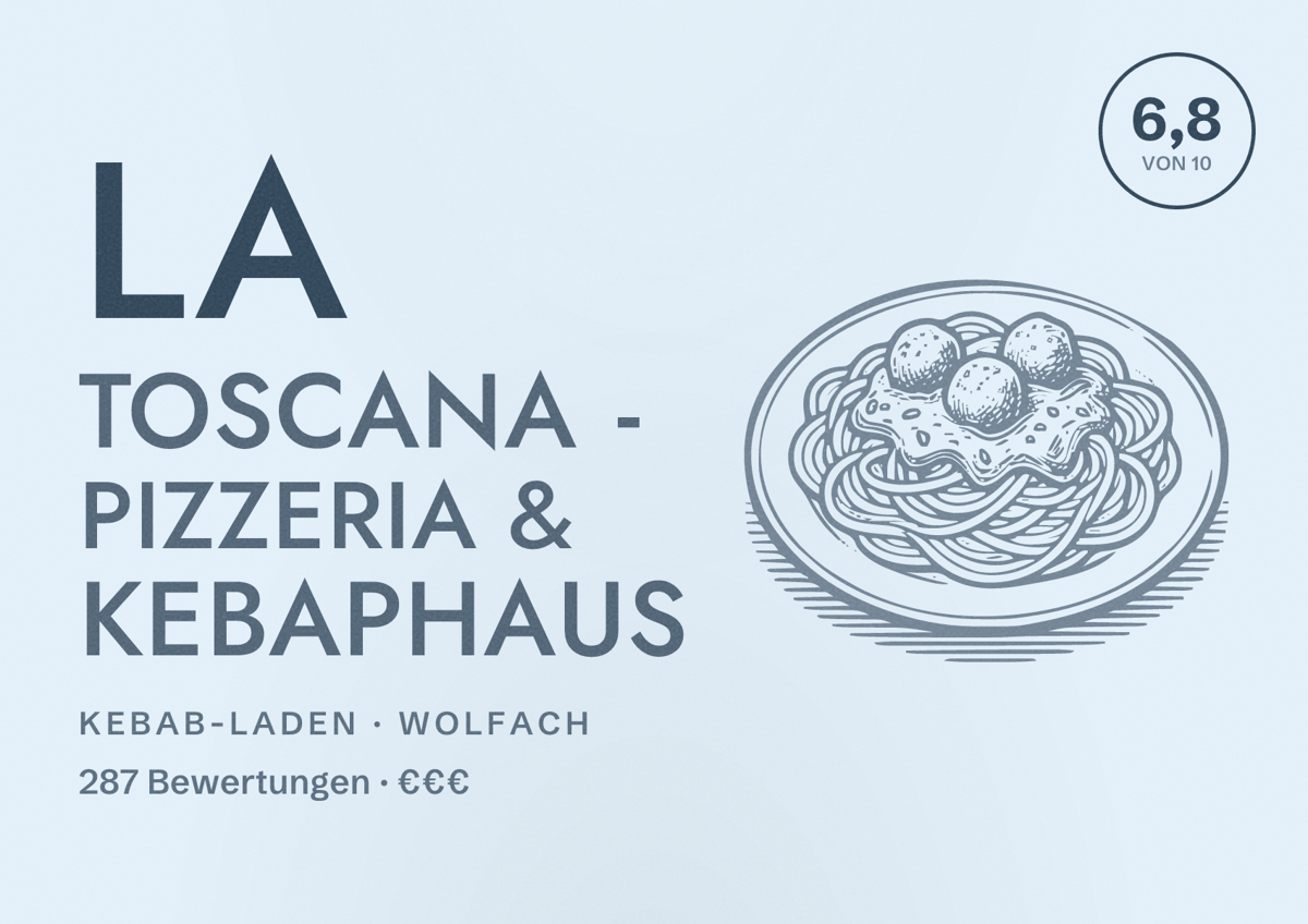Illustriertes Poster von La Toscana - Pizzeria & Kebaphaus, Kebab-Laden in Wolfach: Bewertung 6,8 von 10 aus 287 Bewertungen, Preisniveau €€€