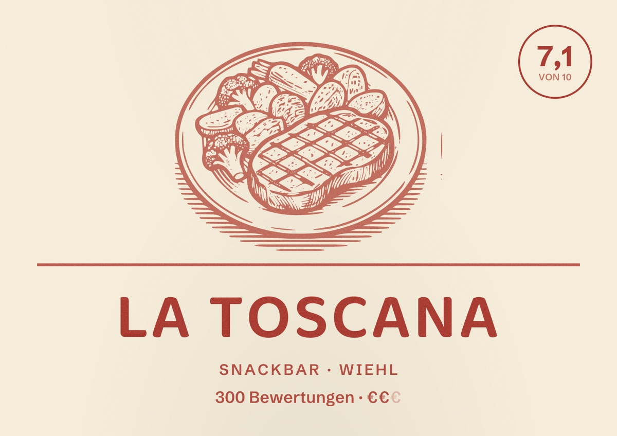 Illustriertes Poster von La Toscana, Snackbar in Wiehl: Bewertung 7,1 von 10 aus 300 Bewertungen, Preisniveau €€