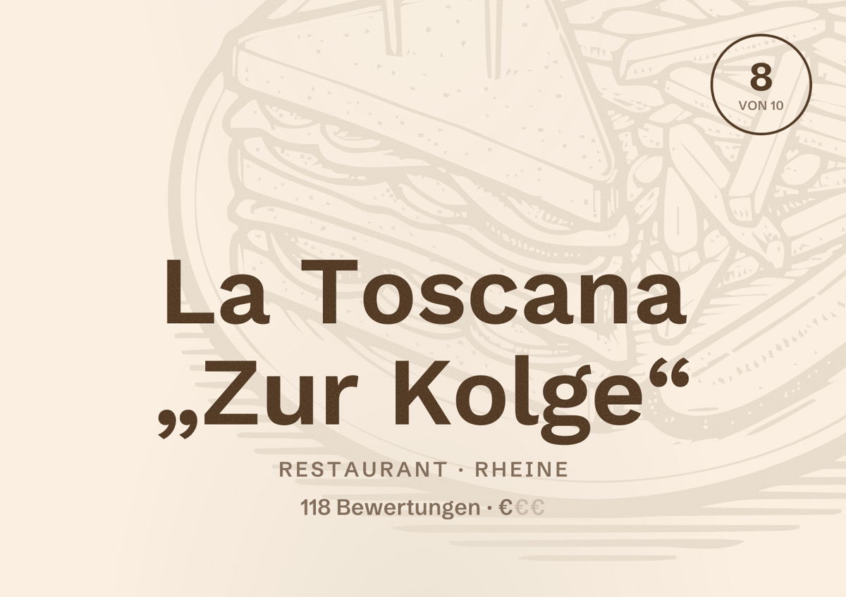 Illustriertes Poster von La Toscana „Zur Kolge“, Restaurant in Rheine: Bewertung 8 von 10 aus 118 Bewertungen, Preisniveau €