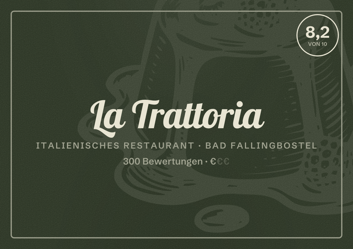 Illustriertes Poster von La Trattoria, Italienisches Restaurant in Bad Fallingbostel: Bewertung 8,2 von 10 aus 300 Bewertungen, Preisniveau €