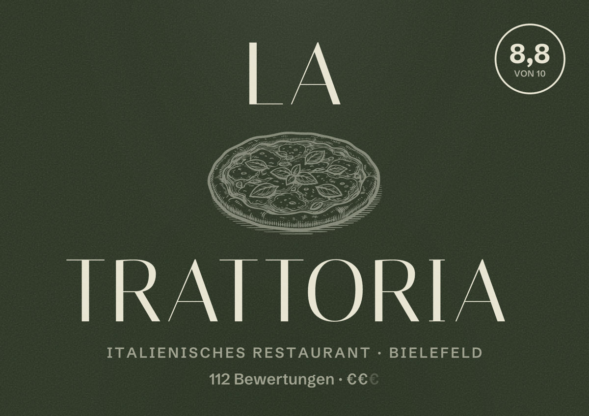 Illustriertes Poster von La Trattoria, Italienisches Restaurant in Bielefeld: Bewertung 8,8 von 10 aus 112 Bewertungen, Preisniveau €€