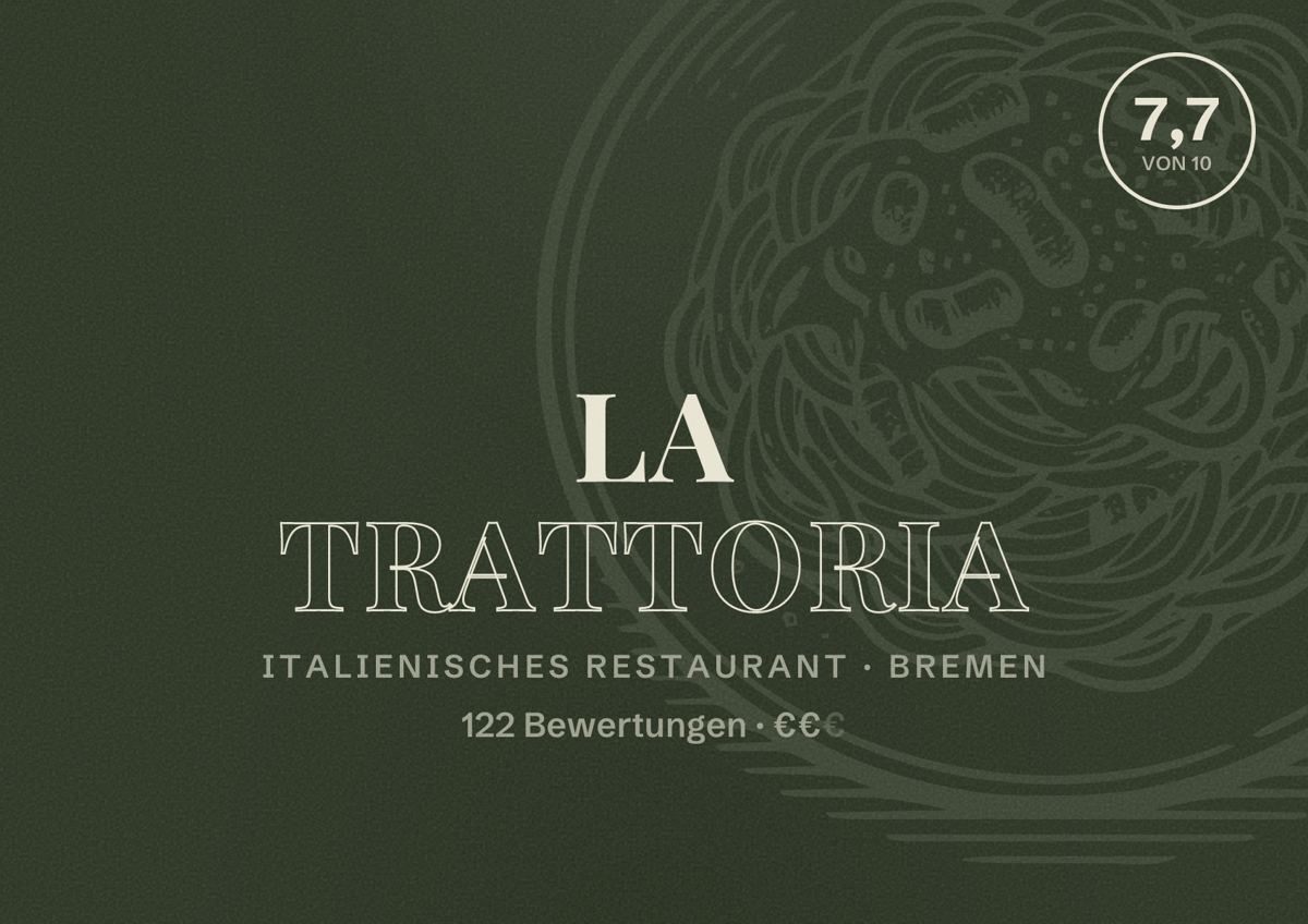 Illustriertes Poster von La Trattoria, Italienisches Restaurant in Bremen: Bewertung 7,7 von 10 aus 122 Bewertungen, Preisniveau €€