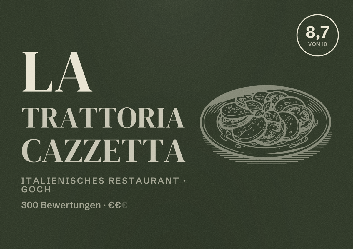 Illustriertes Poster von La Trattoria Cazzetta, Italienisches Restaurant in Goch: Bewertung 8,7 von 10 aus 300 Bewertungen, Preisniveau €€