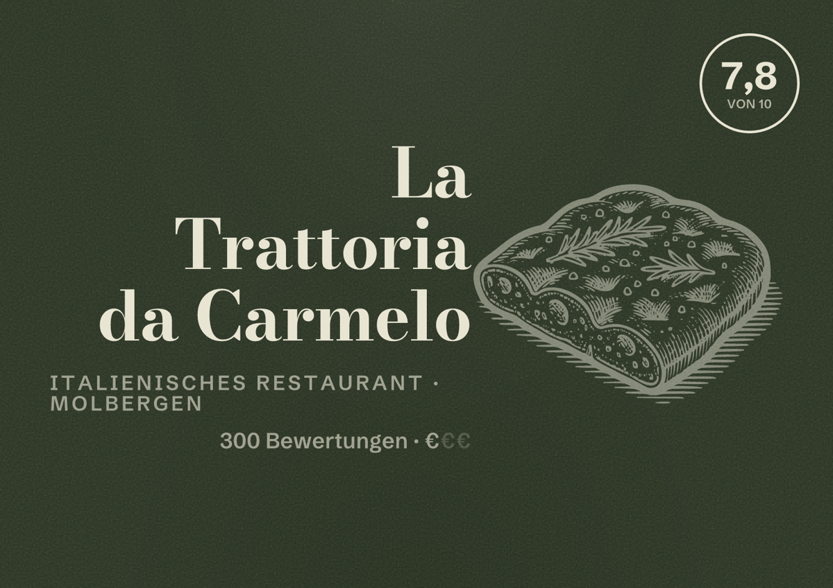 Illustriertes Poster von La Trattoria da Carmelo, Italienisches Restaurant in Molbergen: Bewertung 7,8 von 10 aus 300 Bewertungen, Preisniveau €