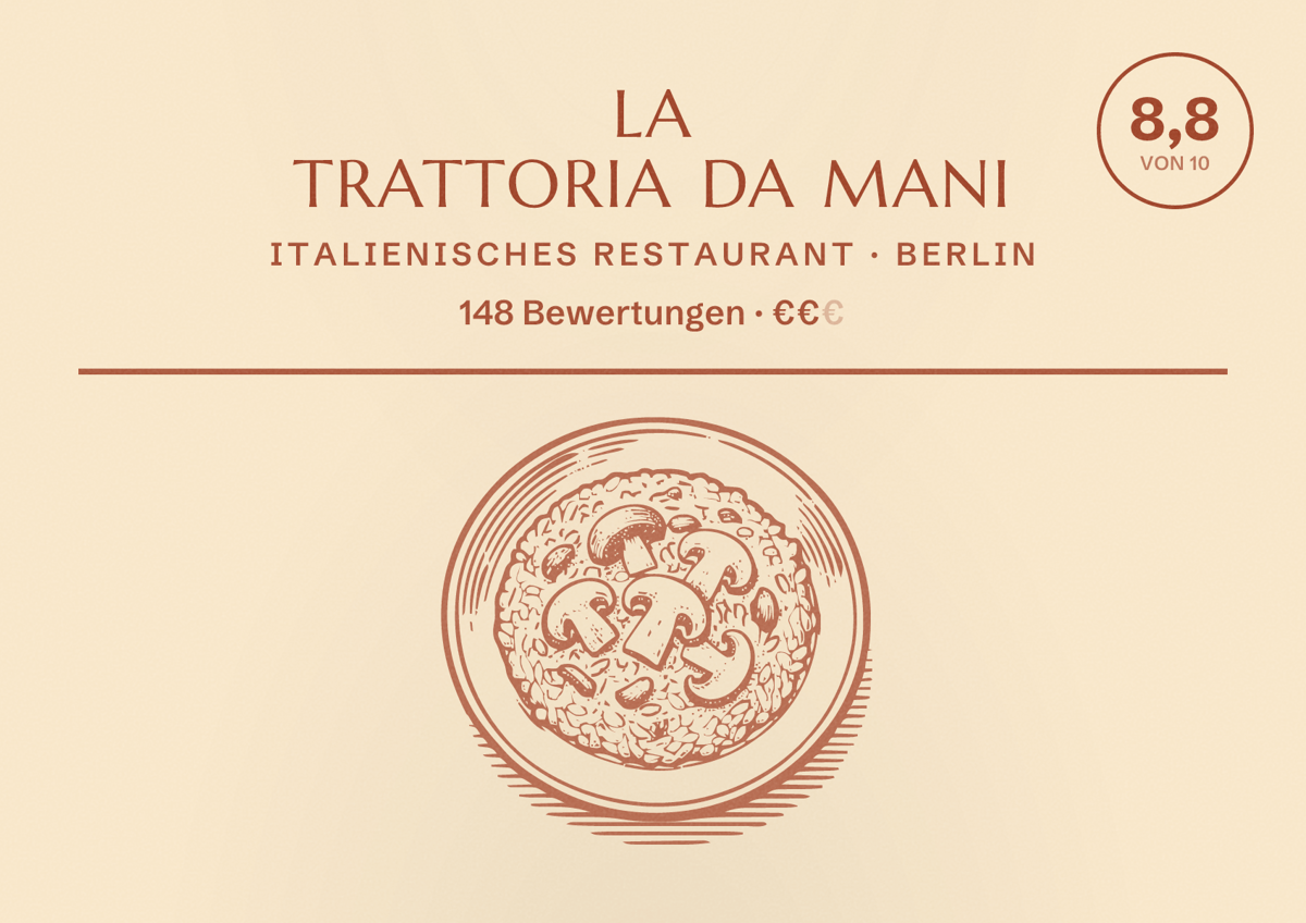 Illustriertes Poster von La Trattoria Da Mani, Italienisches Restaurant in Berlin: Bewertung 8,8 von 10 aus 148 Bewertungen, Preisniveau €€