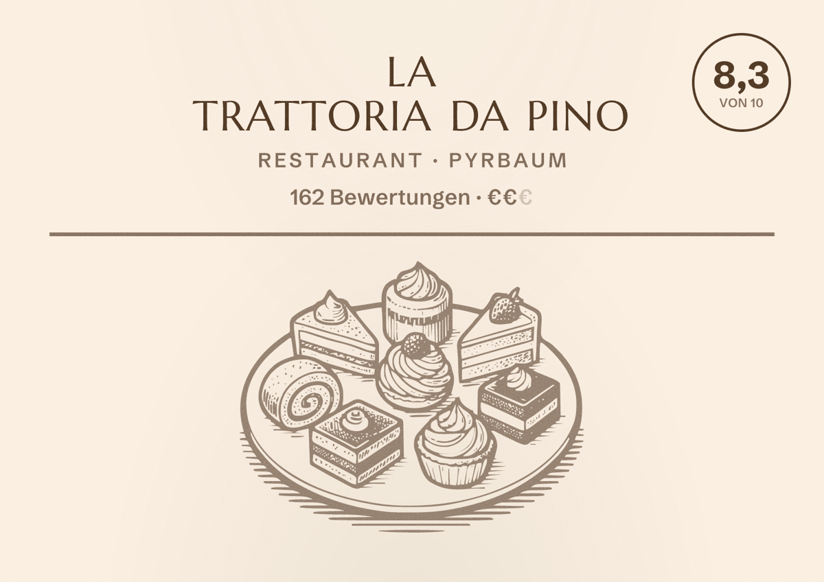 Illustriertes Poster von La Trattoria Da Pino, Restaurant in Pyrbaum: Bewertung 8,3 von 10 aus 162 Bewertungen, Preisniveau €€