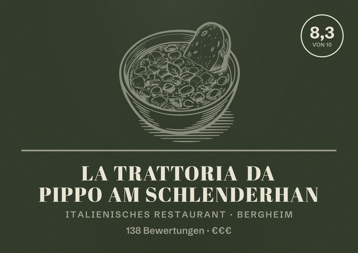 Illustriertes Poster von La Trattoria da Pippo am Schlenderhan, Italienisches Restaurant in Bergheim: Bewertung 8,3 von 10 aus 138 Bewertungen, Preisniveau €€€