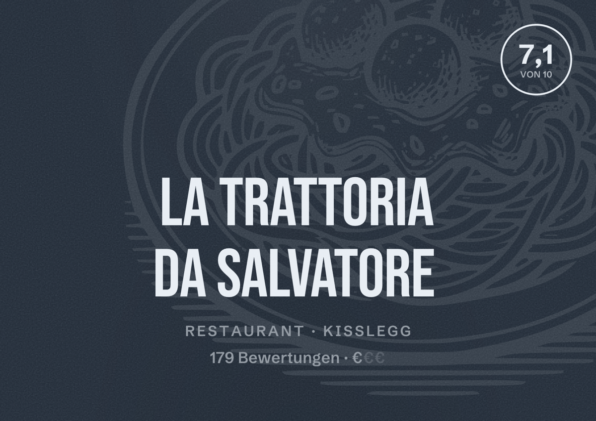 Illustriertes Poster von La Trattoria Da Salvatore, Restaurant in Kißlegg: Bewertung 7,1 von 10 aus 179 Bewertungen, Preisniveau €