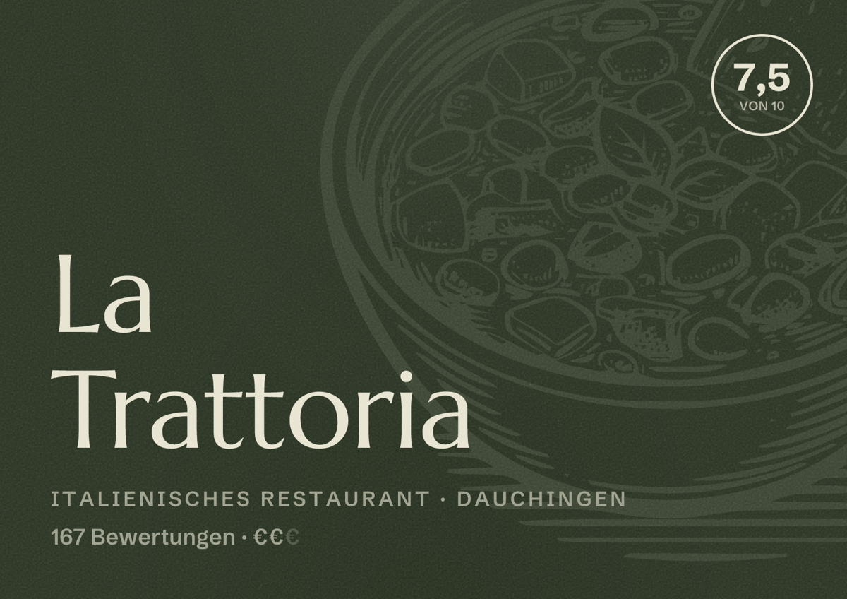 Illustriertes Poster von La Trattoria, Italienisches Restaurant in Dauchingen: Bewertung 7,5 von 10 aus 167 Bewertungen, Preisniveau €€
