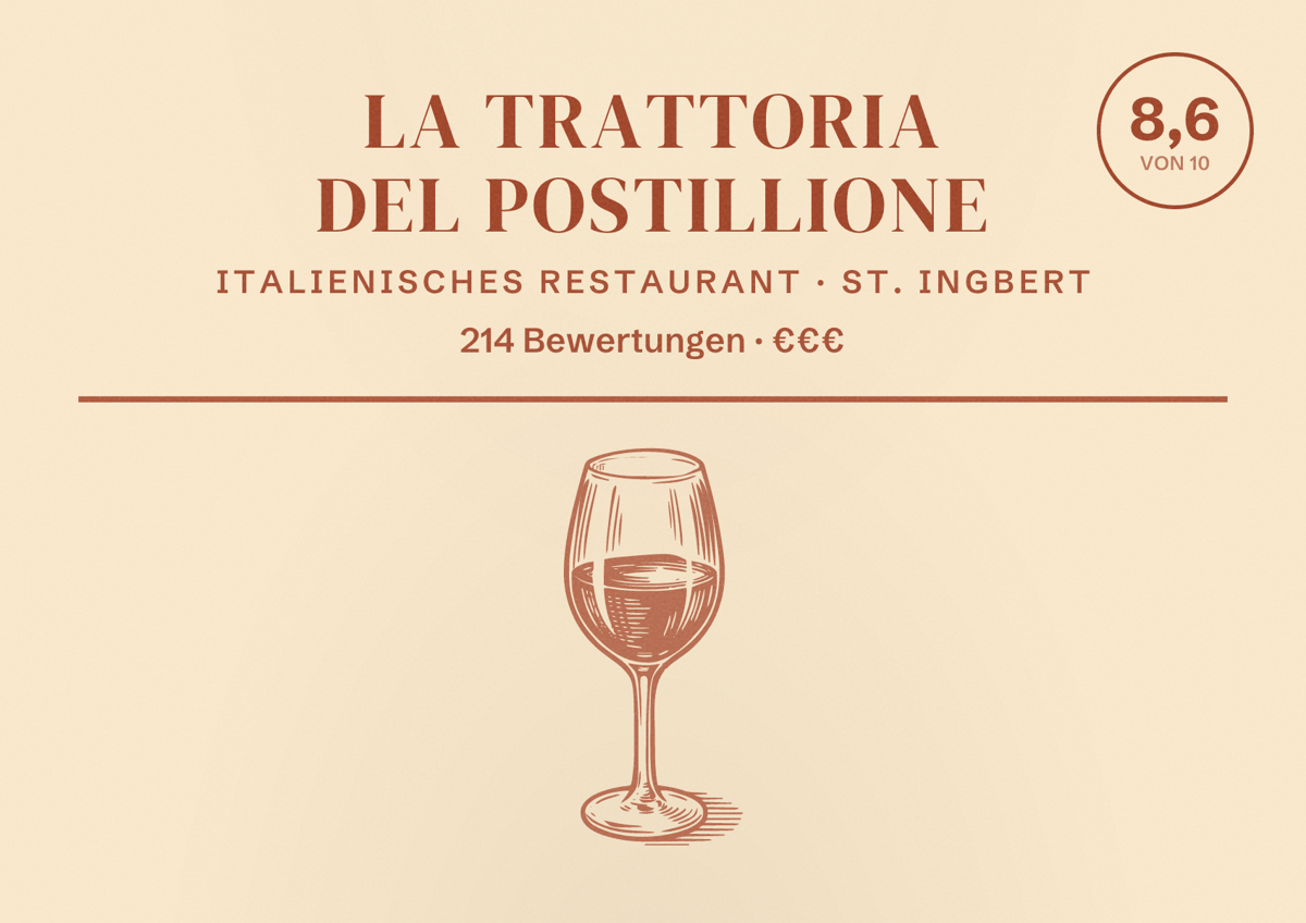 Illustriertes Poster von La Trattoria del Postillione, Italienisches Restaurant in St. Ingbert: Bewertung 8,6 von 10 aus 214 Bewertungen, Preisniveau €€€
