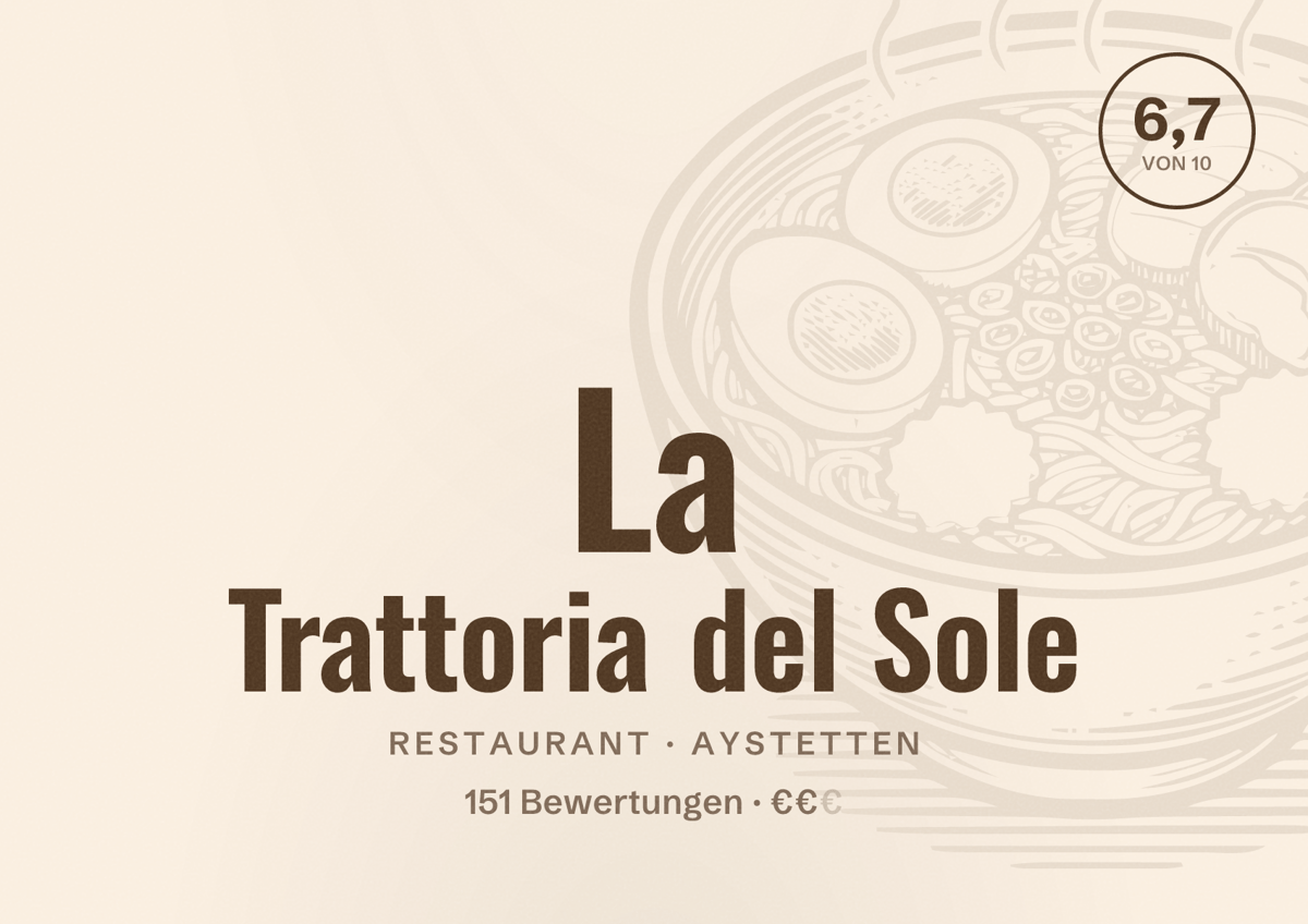 Illustriertes Poster von La Trattoria del Sole, Restaurant in Aystetten: Bewertung 6,7 von 10 aus 151 Bewertungen, Preisniveau €€