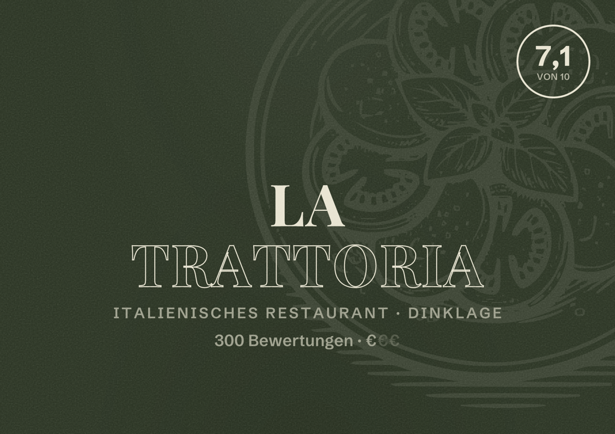 Illustriertes Poster von La Trattoria, Italienisches Restaurant in Dinklage: Bewertung 7,1 von 10 aus 300 Bewertungen, Preisniveau €