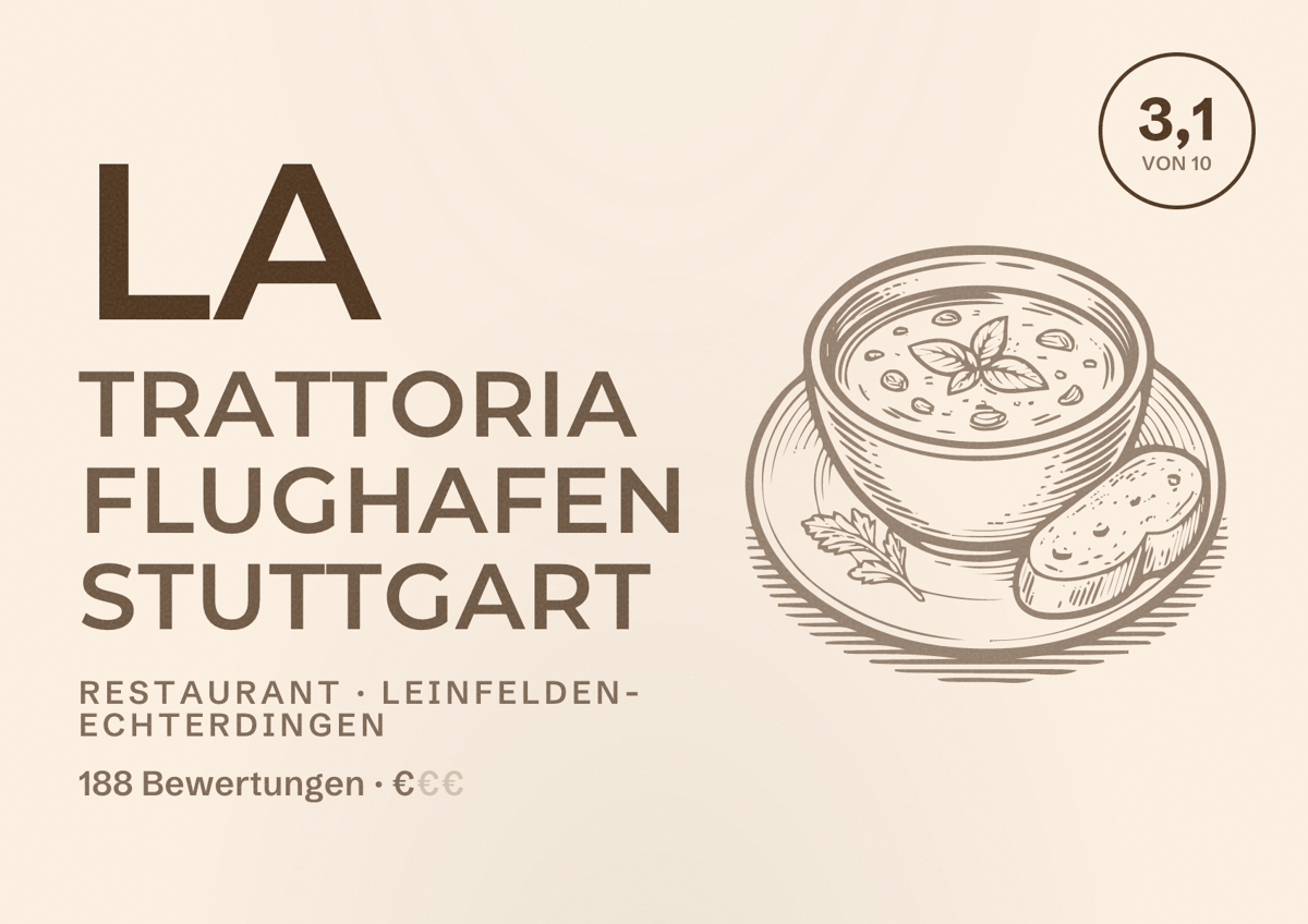Illustriertes Poster von La Trattoria Flughafen Stuttgart, Restaurant in Leinfelden-Echterdingen: Bewertung 3,1 von 10 aus 188 Bewertungen, Preisniveau €