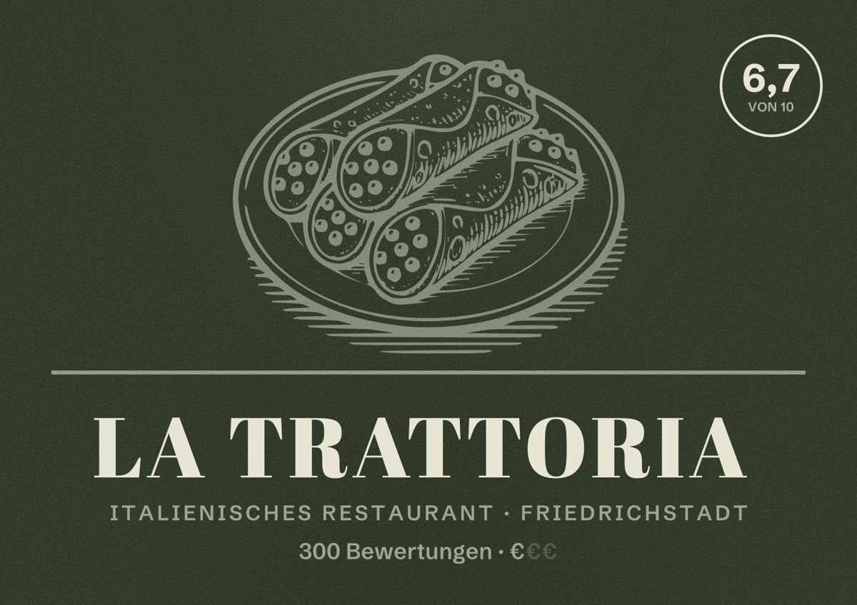 Illustriertes Poster von La Trattoria, Italienisches Restaurant in Friedrichstadt: Bewertung 6,7 von 10 aus 300 Bewertungen, Preisniveau €