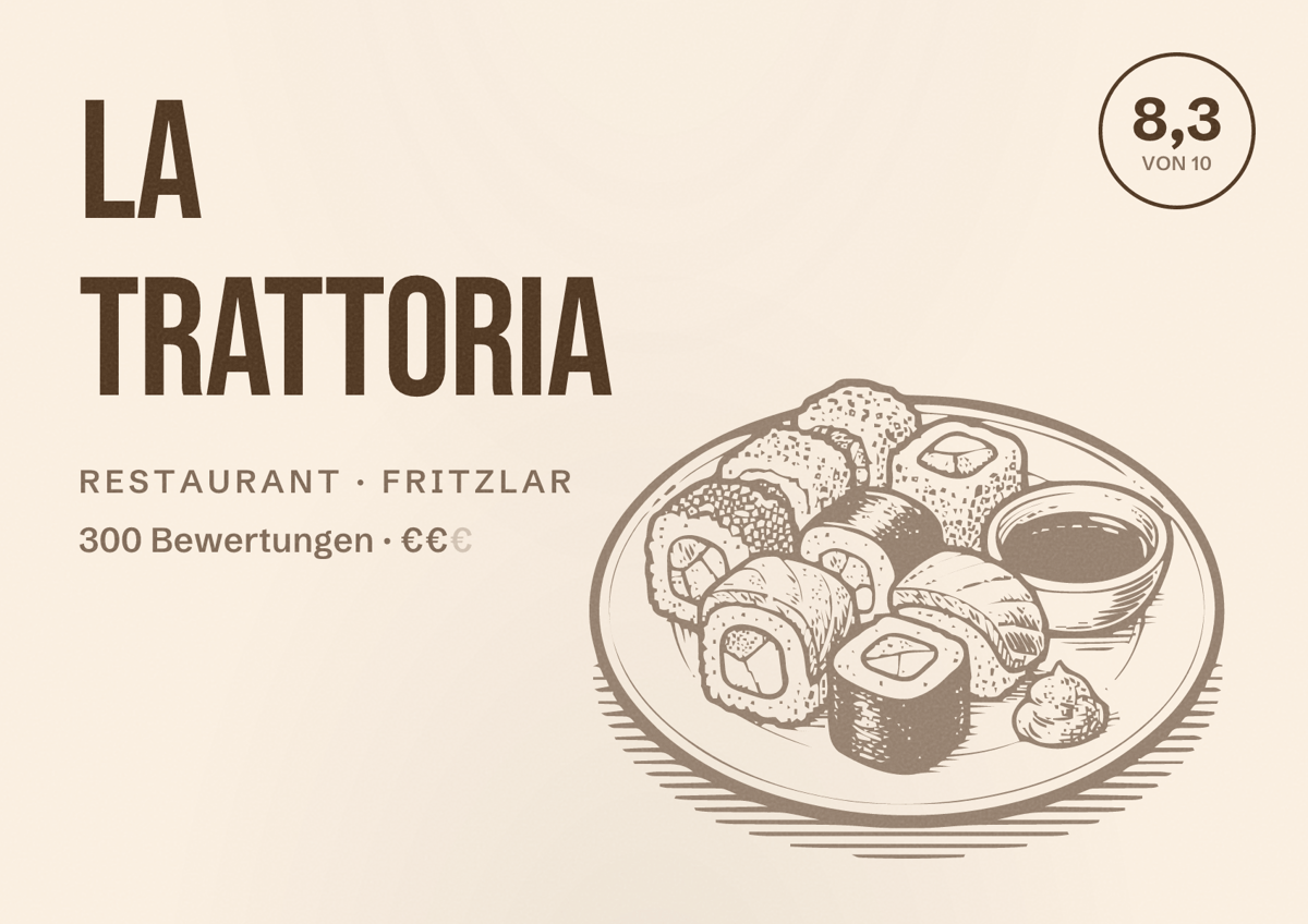 Illustriertes Poster von La Trattoria, Restaurant in Fritzlar: Bewertung 8,3 von 10 aus 300 Bewertungen, Preisniveau €€