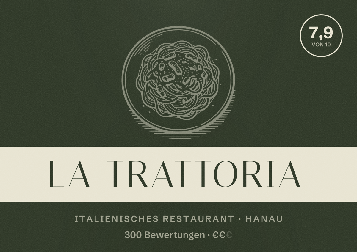 Illustriertes Poster von La Trattoria, Italienisches Restaurant in Hanau: Bewertung 7,9 von 10 aus 300 Bewertungen, Preisniveau €€
