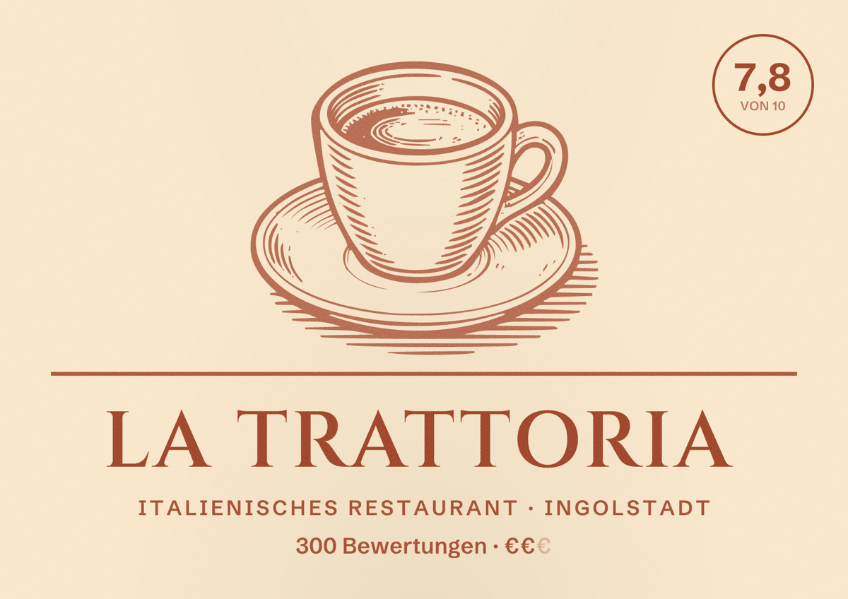 Illustriertes Poster von La Trattoria, Italienisches Restaurant in Ingolstadt: Bewertung 7,8 von 10 aus 300 Bewertungen, Preisniveau €€